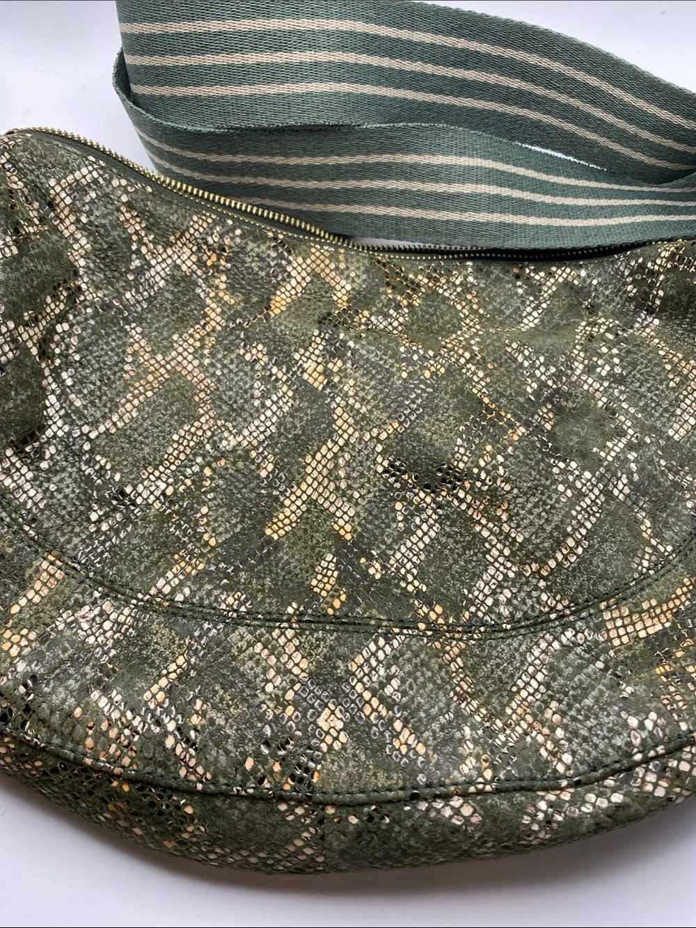 Anthropologie Green Metallic Snake-Print Hobo with Striped Strap